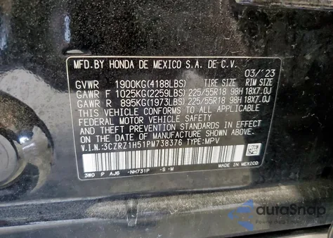 2023 Honda Hr-V Sport из США, поврежденный, VIN 3CZRZ1H51PM738376